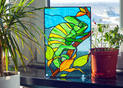 Chameleon Stained Glass Panel — handmade tropical reptile window art, Mojoartglass