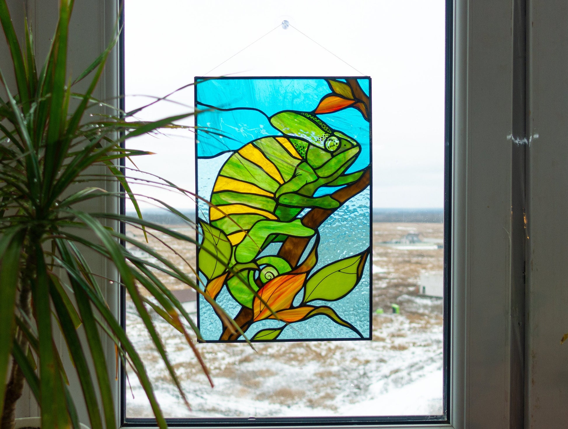 Chameleon stained glass panel hanging in window — tropical light catcher, exotic pet decor gift