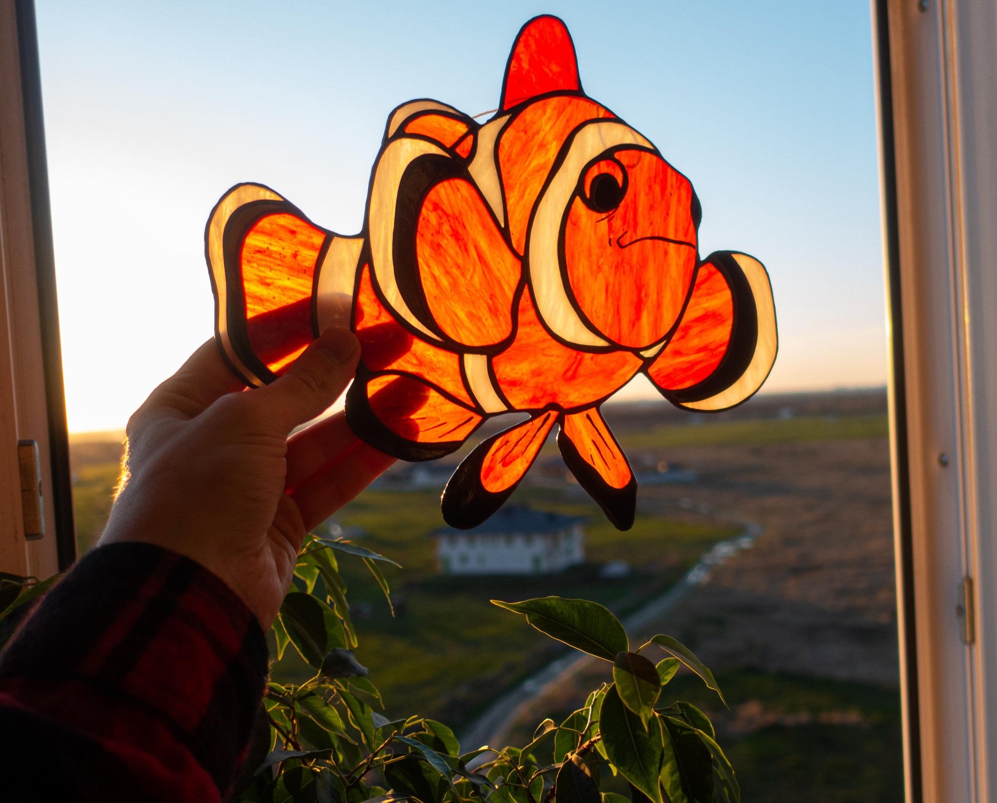 Clownfish stained glass suncatcher — tropical orange fish coral reef window art ocean gift
