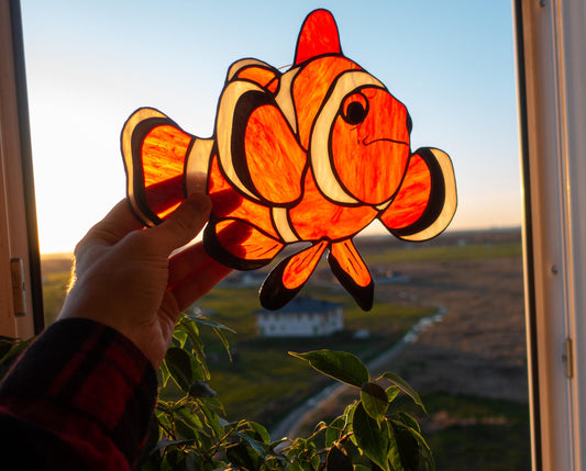 Clownfish stained glass suncatcher — tropical orange fish coral reef window art ocean gift