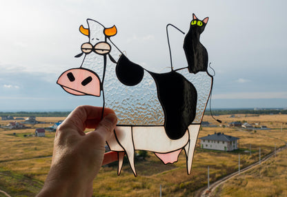 Cowshake stained glass suncatcher — cat drank the cow funny kitchen window art cat lover gift