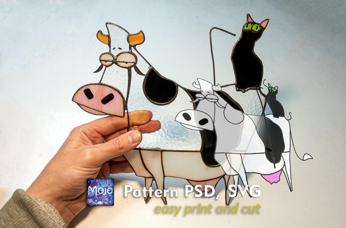 Cowshake cat stained glass pattern — funny meme DIY suncatcher template, SVG and PSD files, Mojoartglass