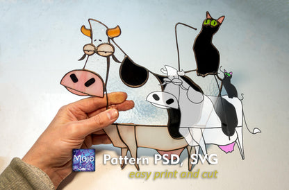 Cowshake cat stained glass pattern — funny meme DIY suncatcher template, SVG and PSD files, Mojoartglass