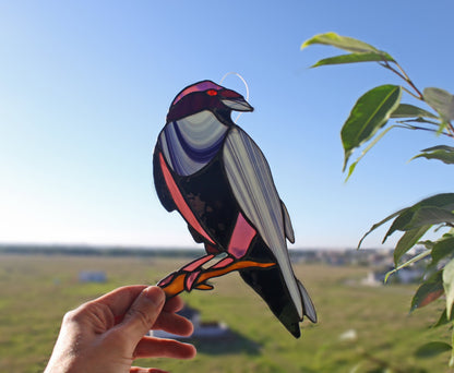 Handmade crow on branch stained glass suncatcher — iridescent raven gothic bird nature window art gift