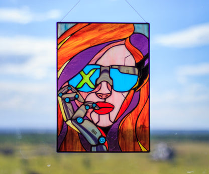 Cyberpunk girl stained glass panel in window — neon futuristic light effect, sci-fi gamer room decor, Mojoartglass
