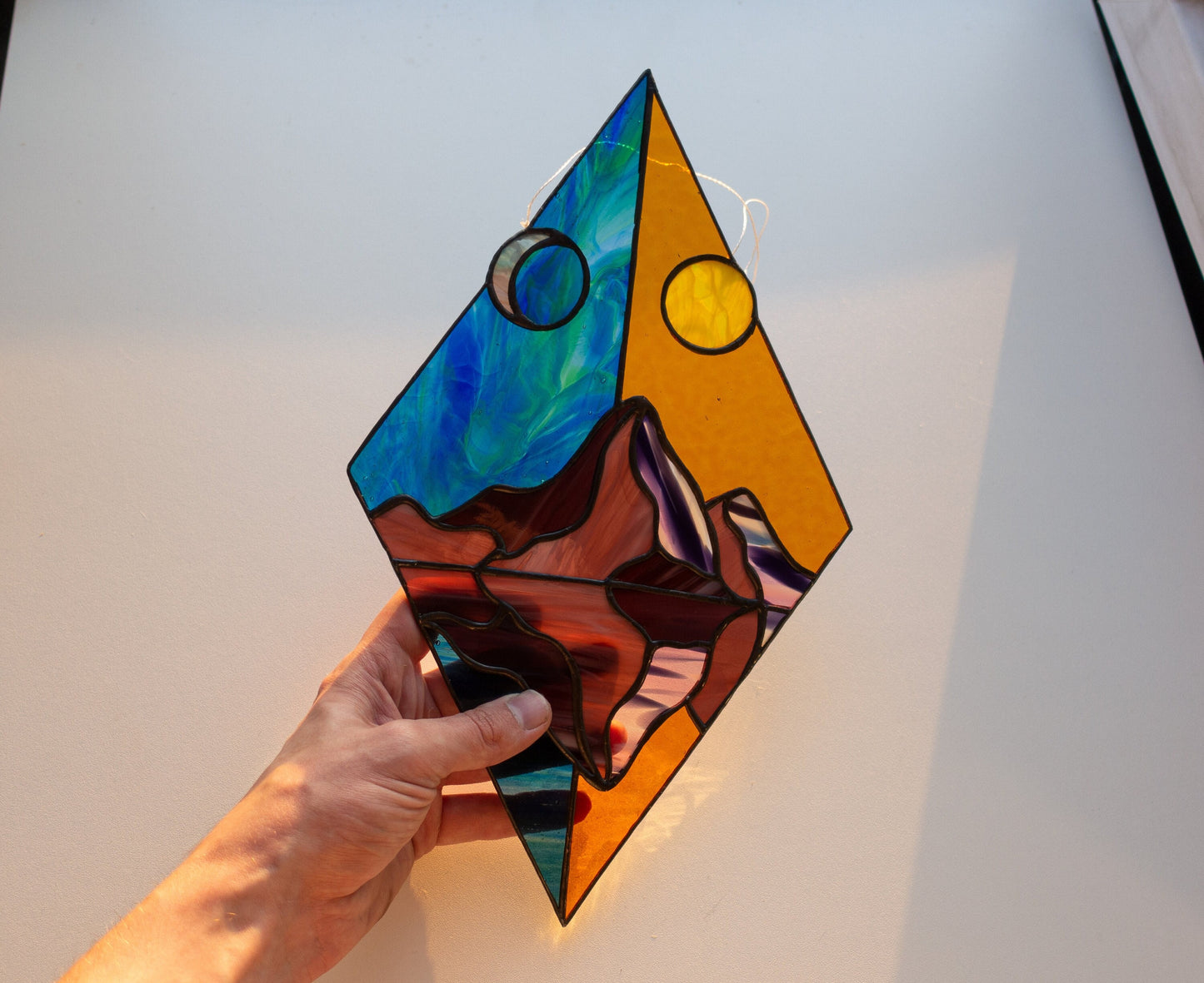 Day and night mountain rhombus stained glass suncatcher — geometric window art nature gift