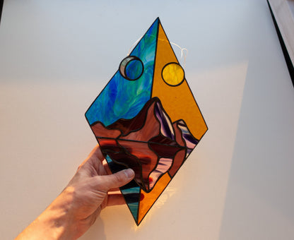 Day and night mountain rhombus stained glass suncatcher — geometric window art nature gift