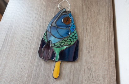 Fish ice cream suncatcher hanging in window — 315×160mm, quirky funny home decor

