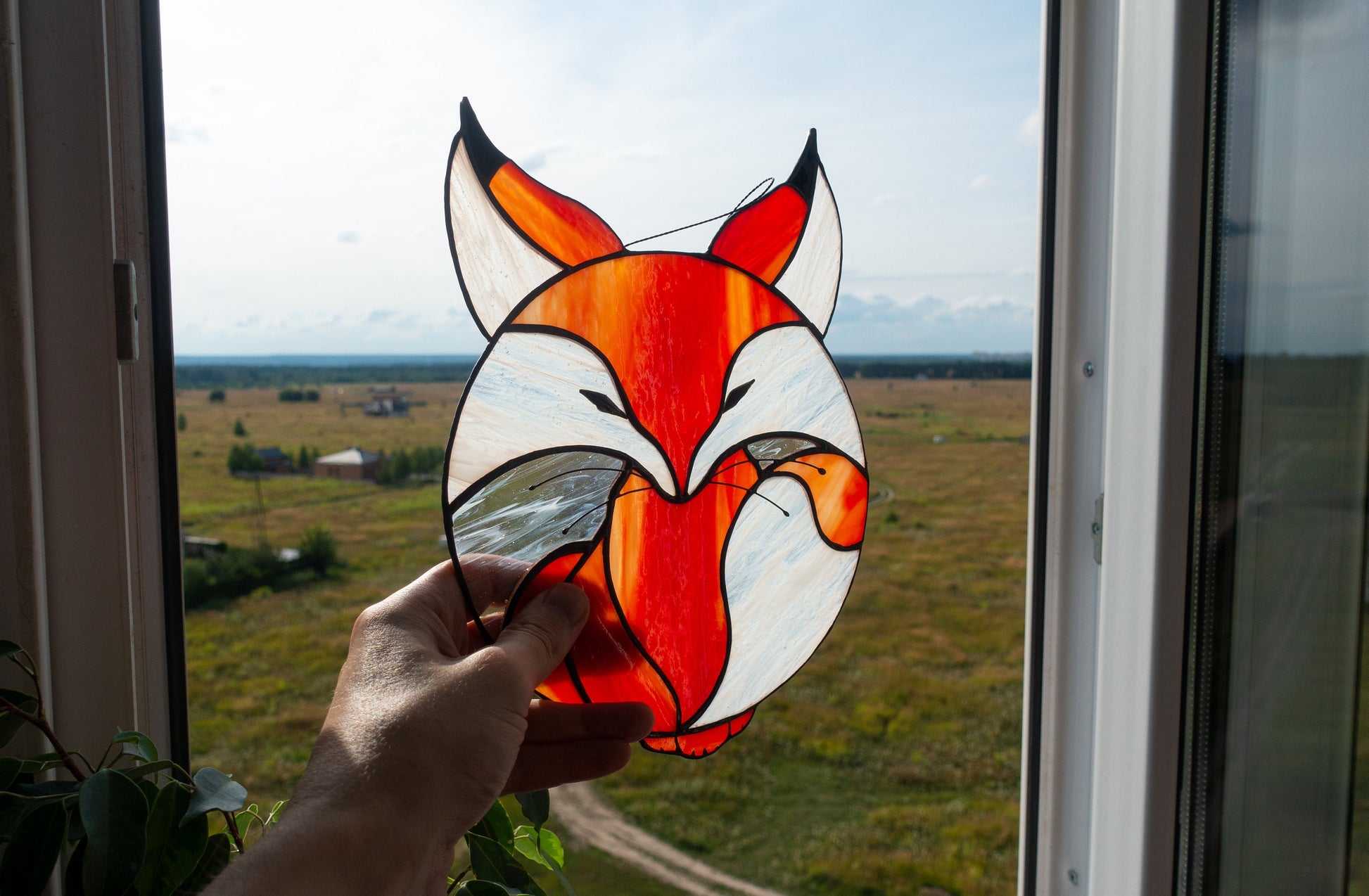 Fox suncatcher hanging in window — 265×195mm, autumn colors, cottagecore home decor

