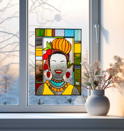Stained glass panel of a woman with a colorful frame on a window sill with a vase of flowers.