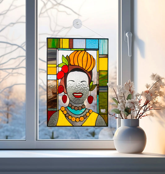 Stained glass panel of a woman with a colorful frame on a window sill with a vase of flowers.