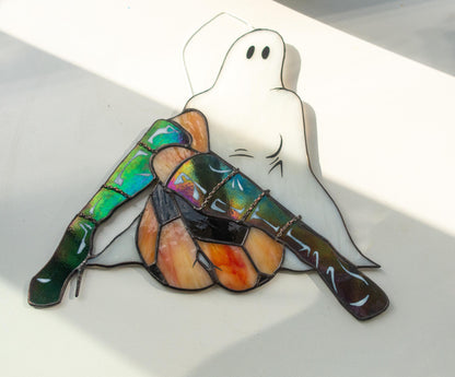 Ghost girl stained glass — white grey flowing costume, copper foil Tiffany method, made in Ukraine