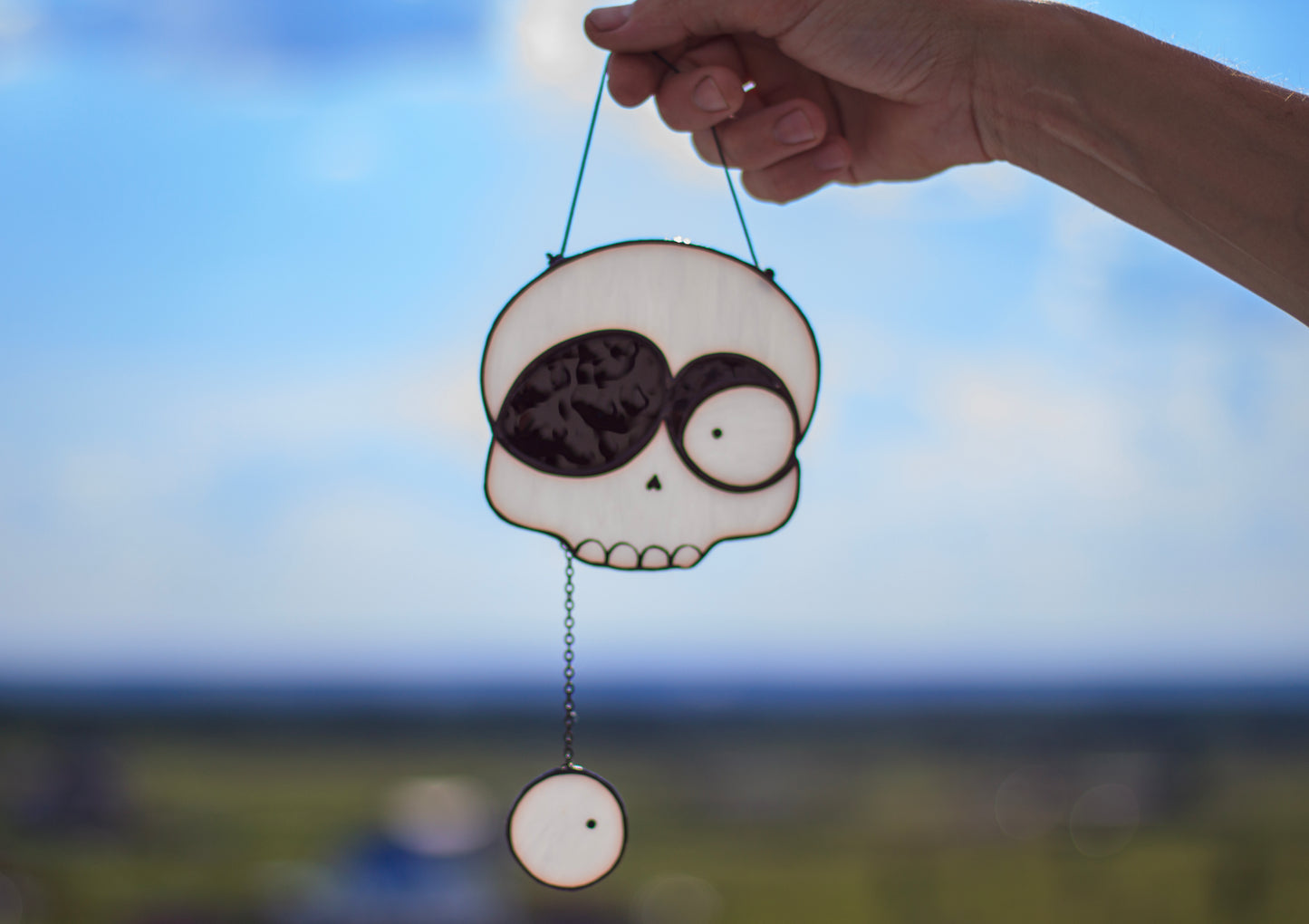 Halloween skull suncatcher hanging in window — spooky gothic decor, unique horror gift, Mojoartglass