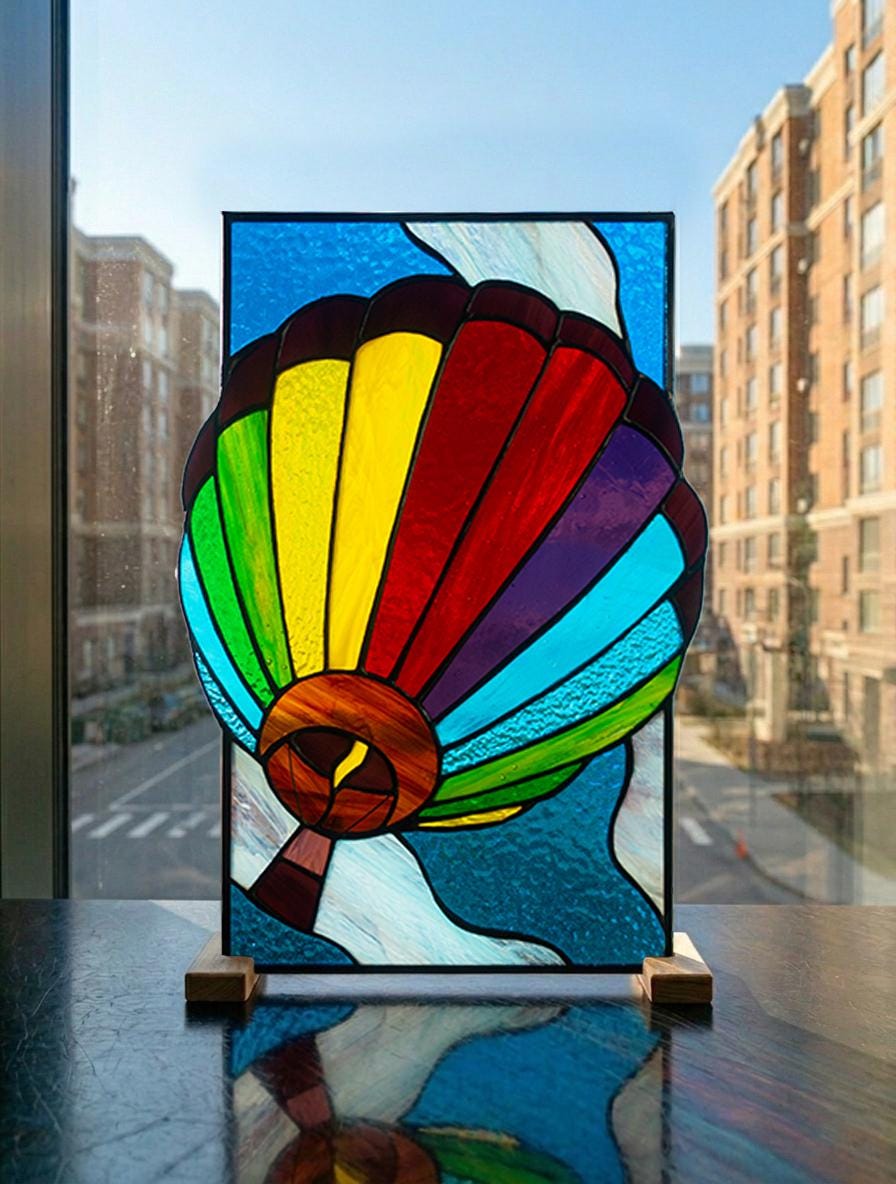 Hot Air Balloon Stained Glass Panel — handmade colorful geometric window art, Mojoartglass