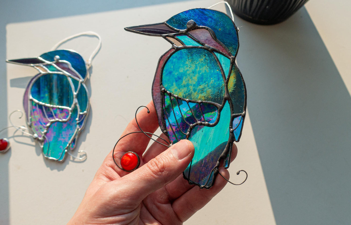 Kingfisher stained glass suncatcher — iridescent blue bird window art birdwatcher nature gift