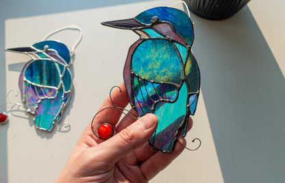 Kingfisher stained glass suncatcher — iridescent blue bird window art birdwatcher nature gift