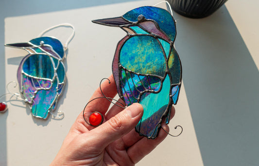 Kingfisher stained glass suncatcher — iridescent blue bird window art birdwatcher nature gift