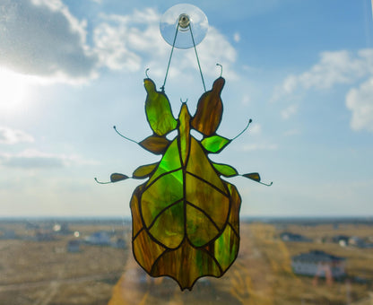 Stained Glass Leaf Insect Suncatcher — handmade Phylliidae entomology window art, Mojoartglass
