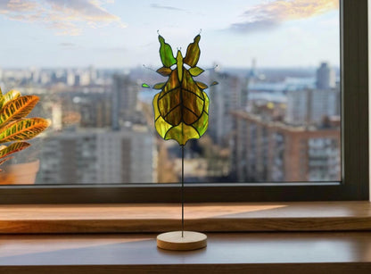 Handmade leaf insect stained glass — copper foil Tiffany technique, textured green glass, made in Ukraine