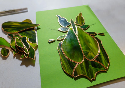 Leaf insect stained glass suncatcher — biology teacher faux taxidermy gift, exotic pet decor, handmade in Ukraine