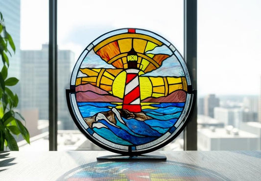 Lighthouse coastal scene stained glass panel — round window hanging sailor beach gift