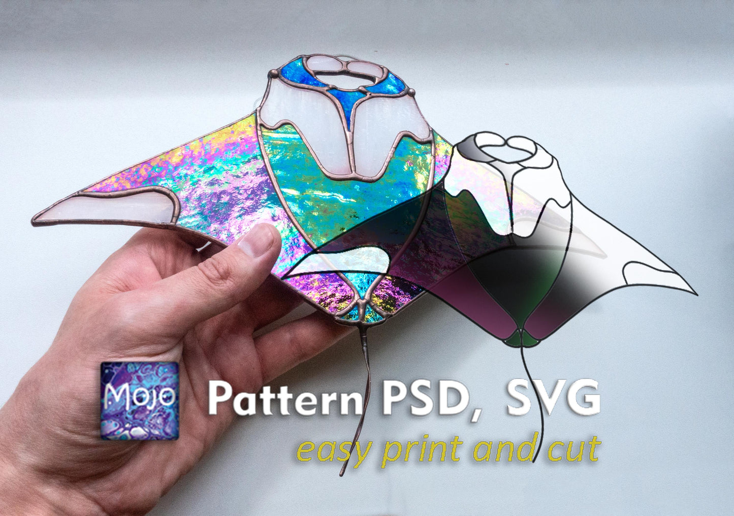 Manta Ray Stained Glass Pattern — digital DIY suncatcher template SVG PSD download, Mojoartglass