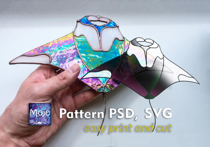 Manta Ray Stained Glass Pattern — digital DIY suncatcher template SVG PSD download, Mojoartglass