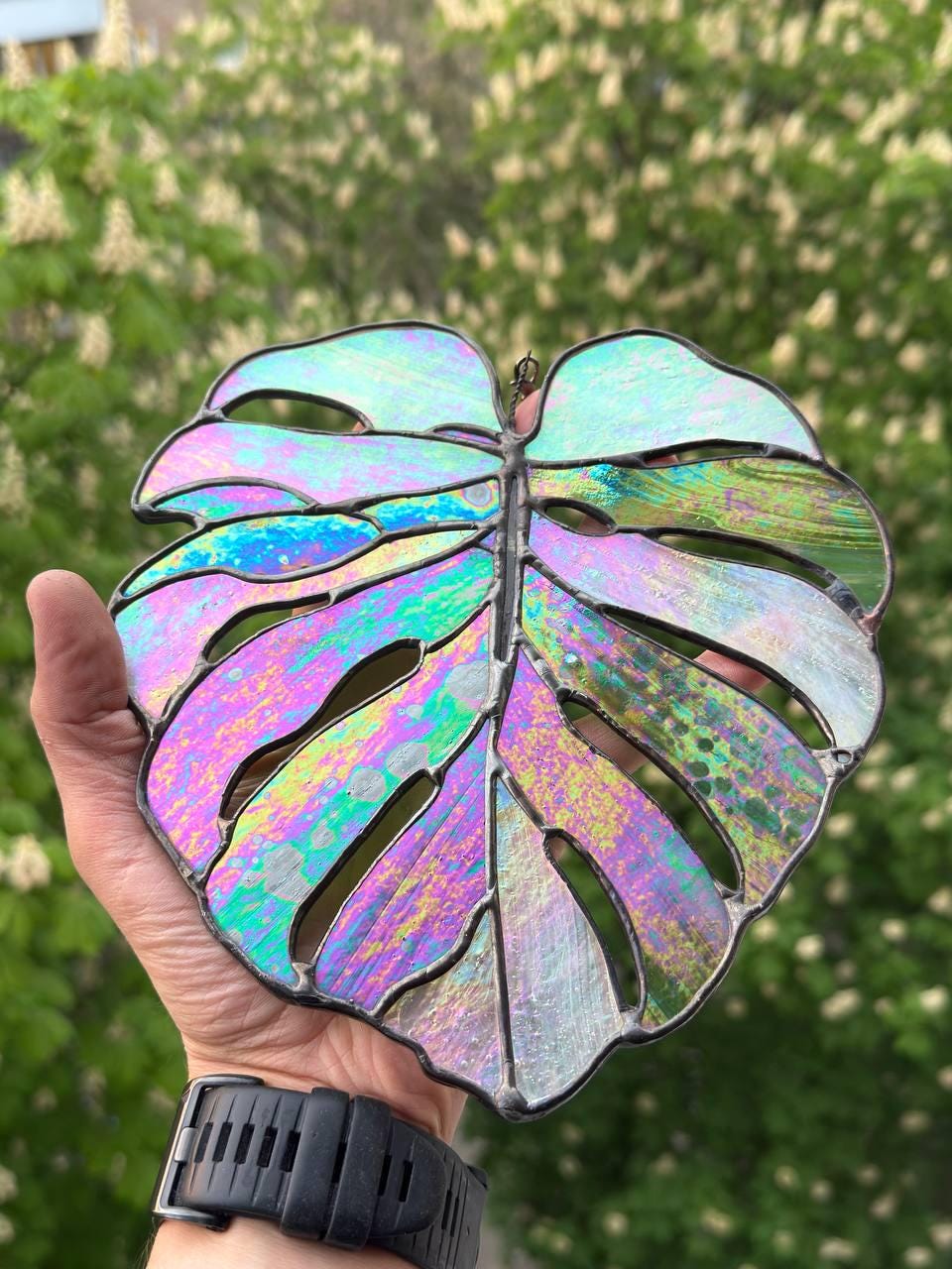 Monstera Leaf Stained Glass Suncatcher — iridescent handmade plant window art, Mojoartglass