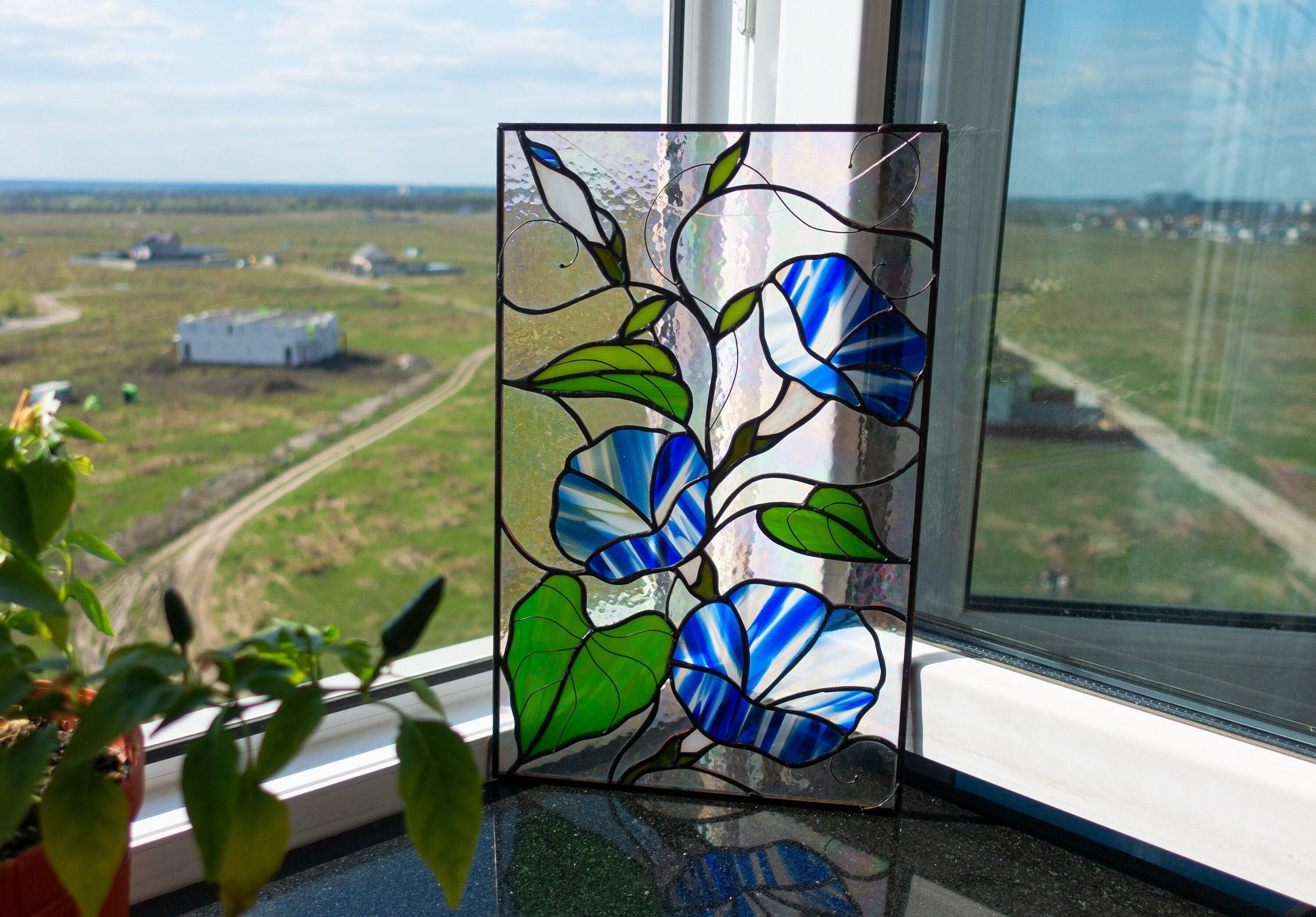Morning glory stained glass — rich purple pink petals trailing vine, copper foil Tiffany method, made in Ukrain