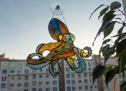 Mystical octopus stained glass suncatcher — kraken window hanging ocean dark art gift