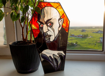 Nosferatu Stained Glass Panel — Count Orlok handmade gothic window art, Mojoartglass