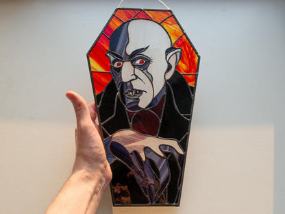 Handmade Nosferatu stained glass panel — copper foil Tiffany technique, vampire silhouette, made in Ukraine