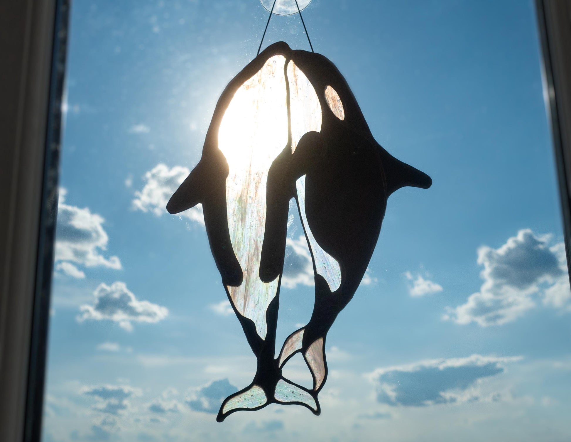 Orca family stained glass suncatcher — killer whale pod window art ocean nature gift
