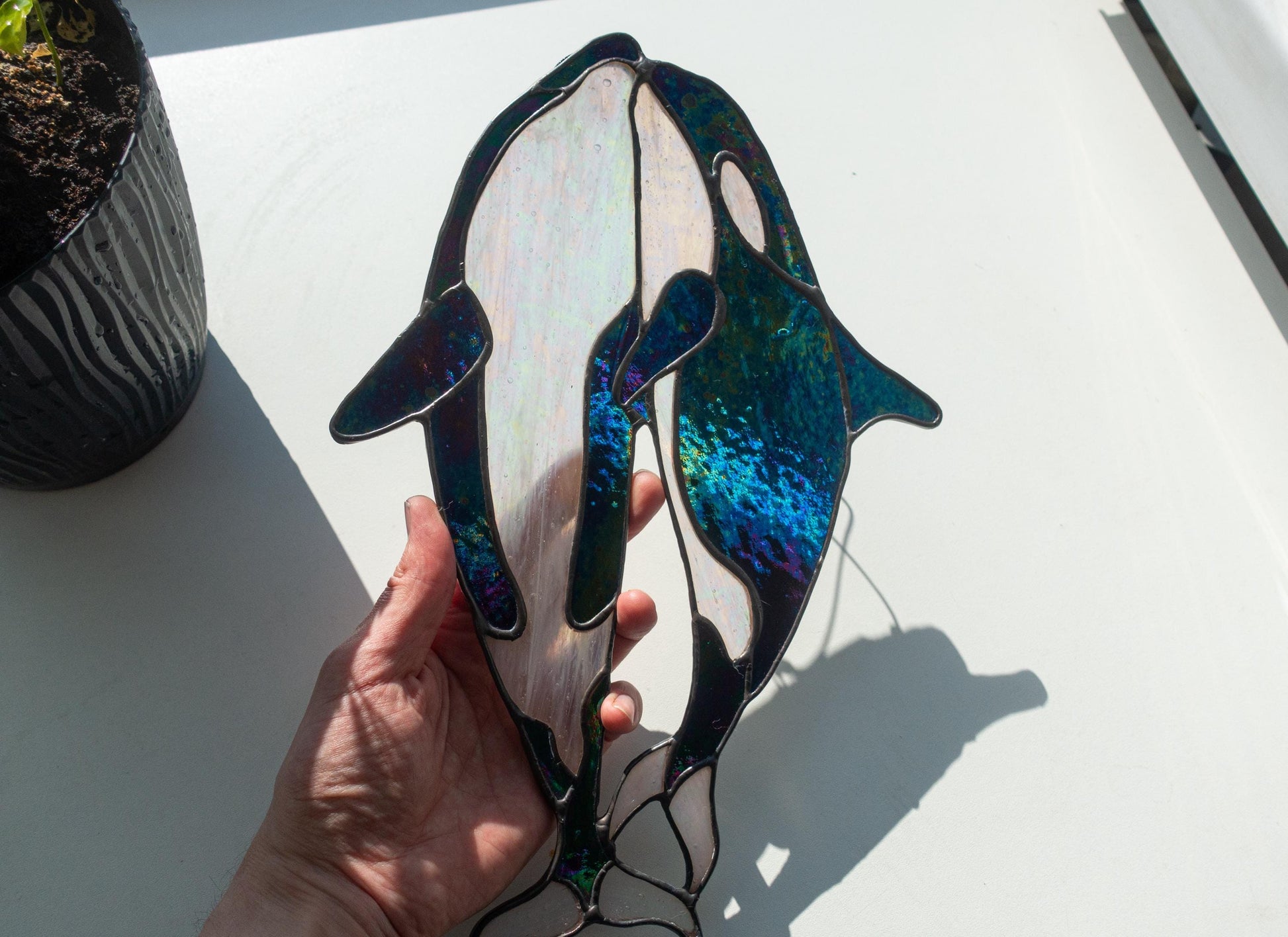 Handmade orca family killer whale pod stained glass suncatcher — ocean nature window art gift