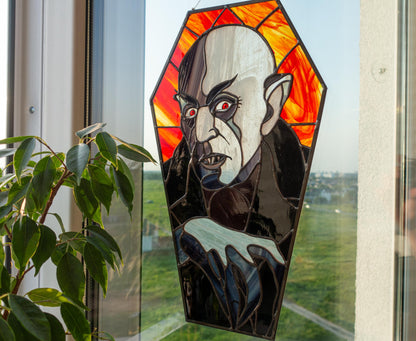 Count Orlok stained glass panel hanging in window — gothic light catcher, Halloween horror decor