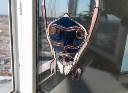 Peacock jumping spider suncatcher hanging in window — 270×190mm, entomology nature home decor
