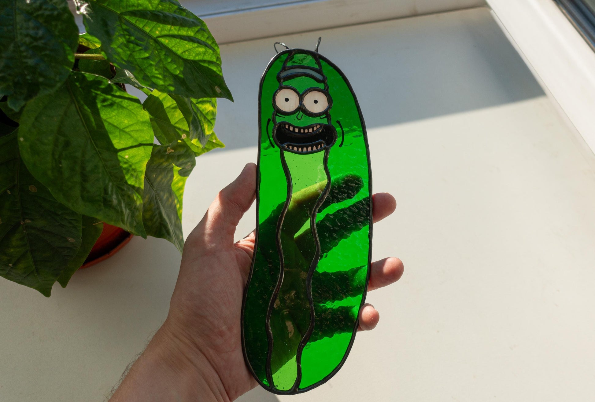 Stained Glass Pickle Suncatcher — handmade funny kitchen window art, Mojoartglass