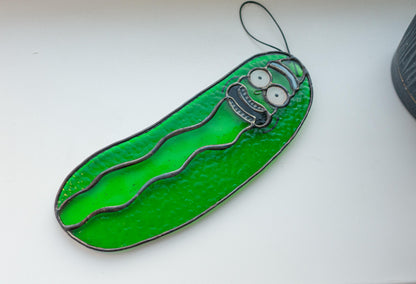 Pickle suncatcher hanging in window — quirky kitchen light catcher, Christmas pickle ornament