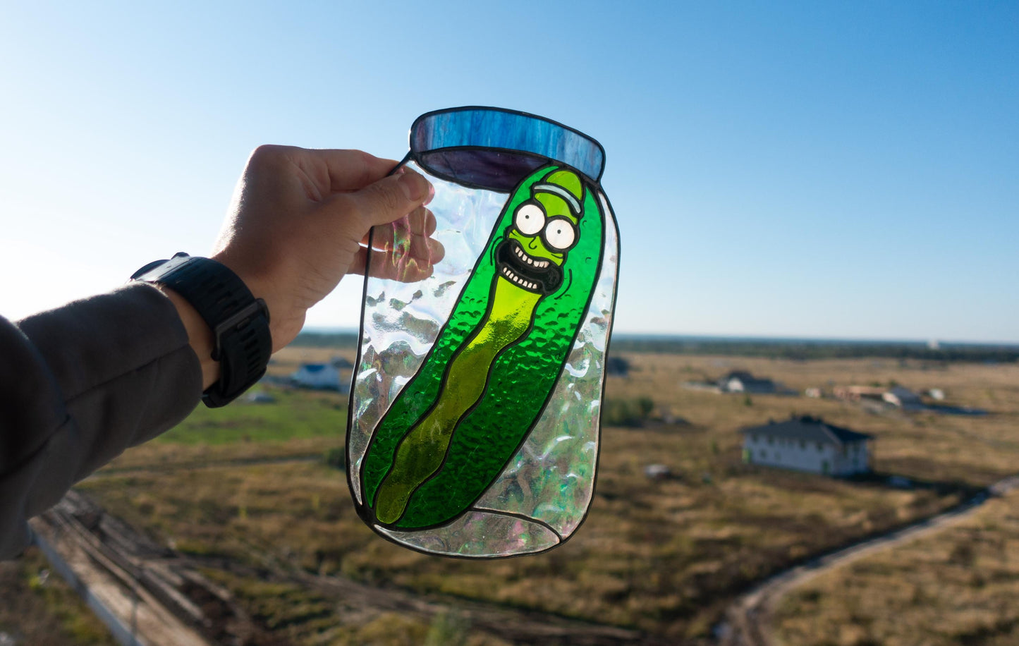 Pickle in a jar stained glass suncatcher — funny food window art pickle lover gift kitchen