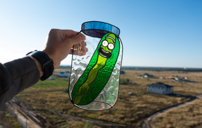 Pickle in a jar stained glass suncatcher — funny food window art pickle lover gift kitchen