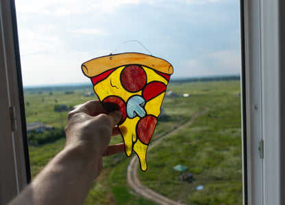 Pizza slice stained glass suncatcher — cheesy food window art pizza lover gift kitchen decor