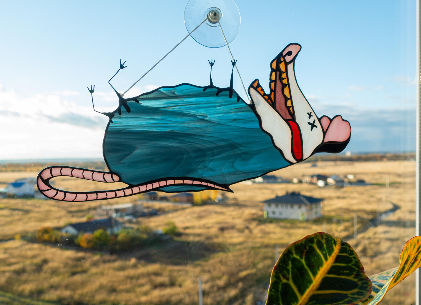 Possum playing dead stained glass suncatcher — me after socializing meme introvert dark humor window gift