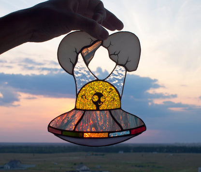 Quirky alien spaceship stained glass window hanging — iridescent saucer, rainbow glow, made in Ukraine