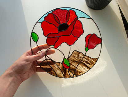 Red poppy stained glass suncatcher — round floral window hanging flower lover gift