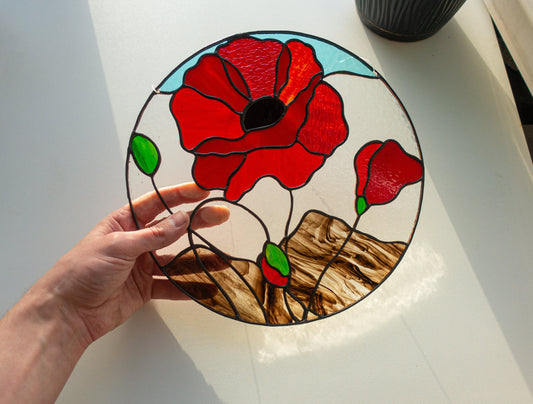 Red poppy stained glass suncatcher — round floral window hanging flower lover gift