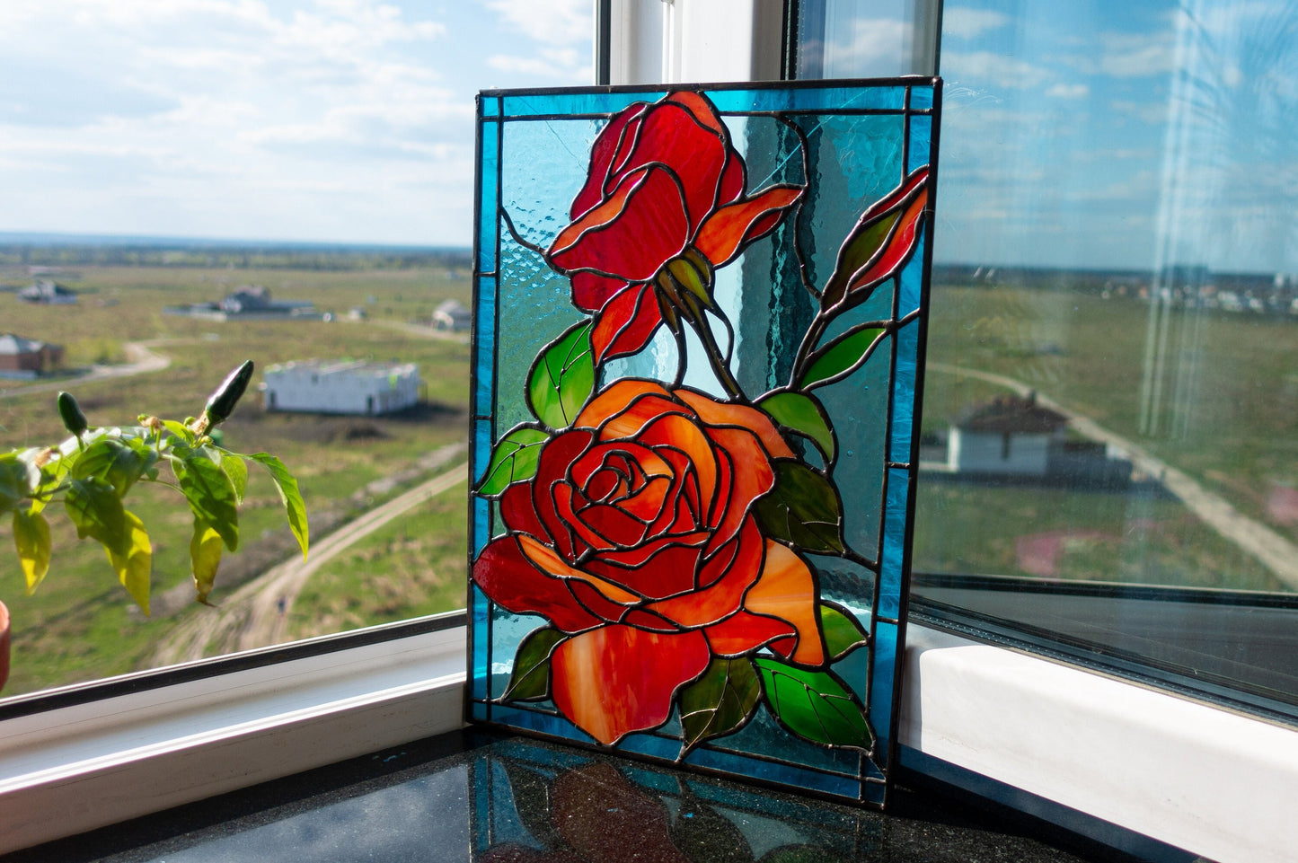 Red roses stained glass panel — romantic floral window art anniversary Valentine gift her