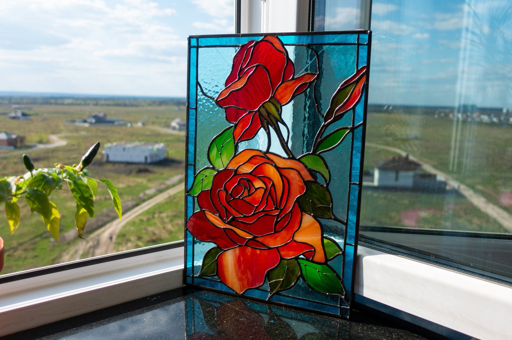 Red roses stained glass panel — romantic floral window art anniversary Valentine gift her