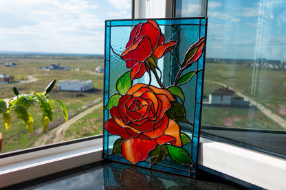 Red roses stained glass panel — romantic floral window art anniversary Valentine gift her