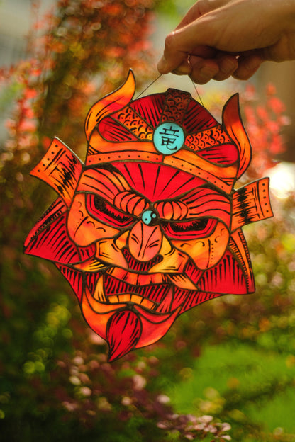 Red samurai mask stained glass suncatcher — Japanese oni window art anime warrior gift him