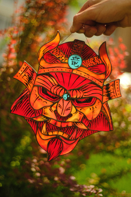 Red samurai mask stained glass suncatcher — Japanese oni window art anime warrior gift him